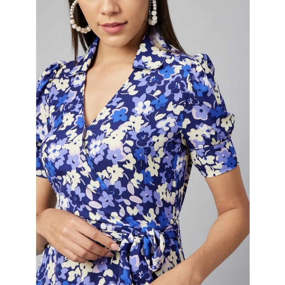 Seduva Women's Polyester Floral Short Sleeve Above Knee Dress (Blue - Purple)