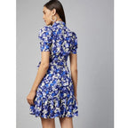 Seduva Women's Polyester Floral Short Sleeve Above Knee Dress (Blue - Purple)