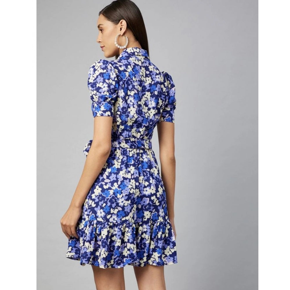 Seduva Women's Polyester Floral Short Sleeve Above Knee Dress (Blue - Purple)