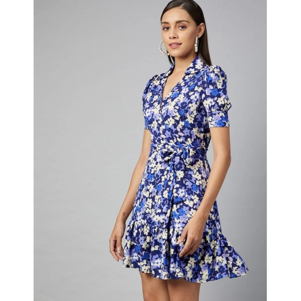 Seduva Women's Polyester Floral Short Sleeve Above Knee Dress (Blue - Purple)
