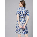 Seduva Women's Polyester Floral Short Sleeve Above Knee Dress (Blue - White)