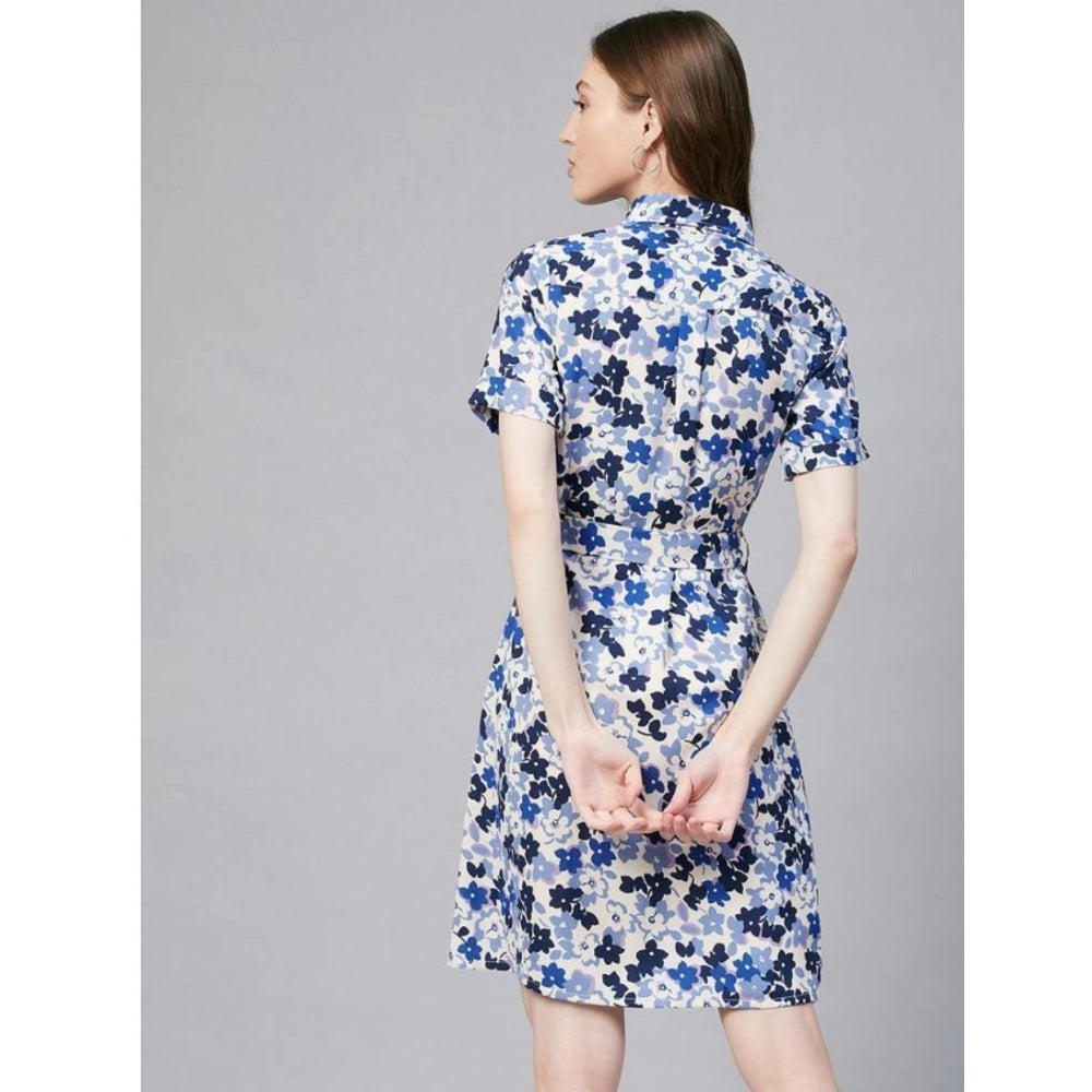 Seduva Women's Polyester Floral Short Sleeve Above Knee Dress (Blue - White)