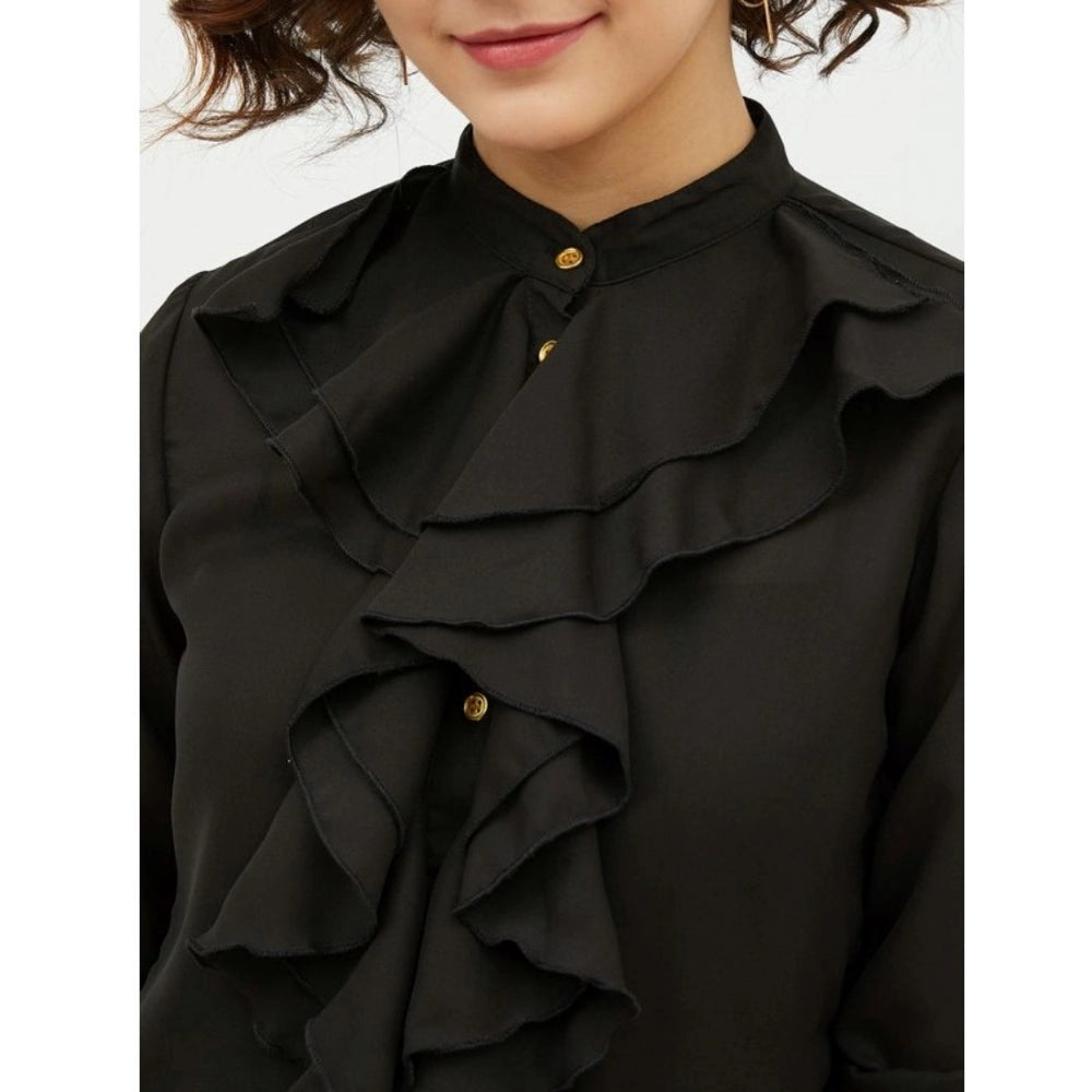 Seduva Women's Polyester Ruffled Long Sleeves Standard Length Shirt (Black)
