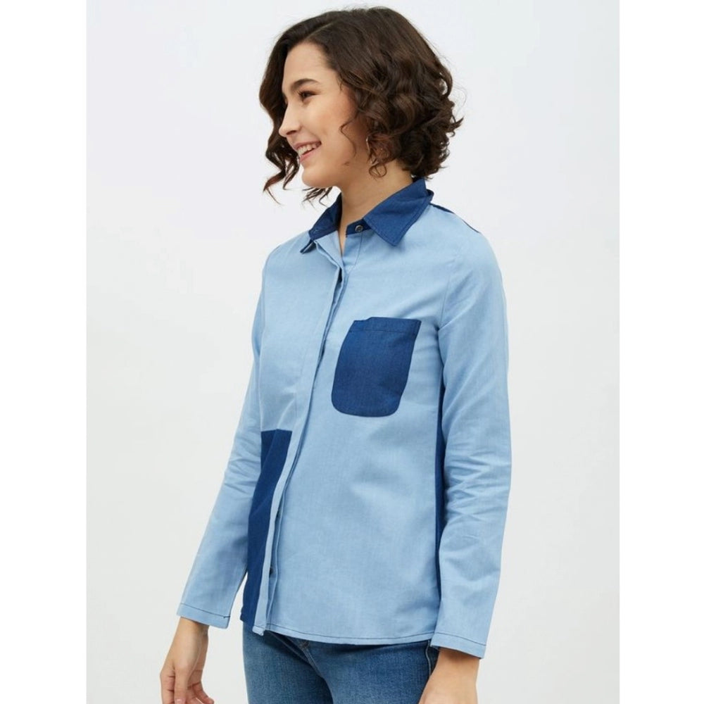 Seduva Women's Denim Patch Work Long Sleeves Standard Length Shirt (Blue)