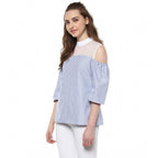 Seduva Women's Cotton Striped Cold Shoulder Top (Blue)