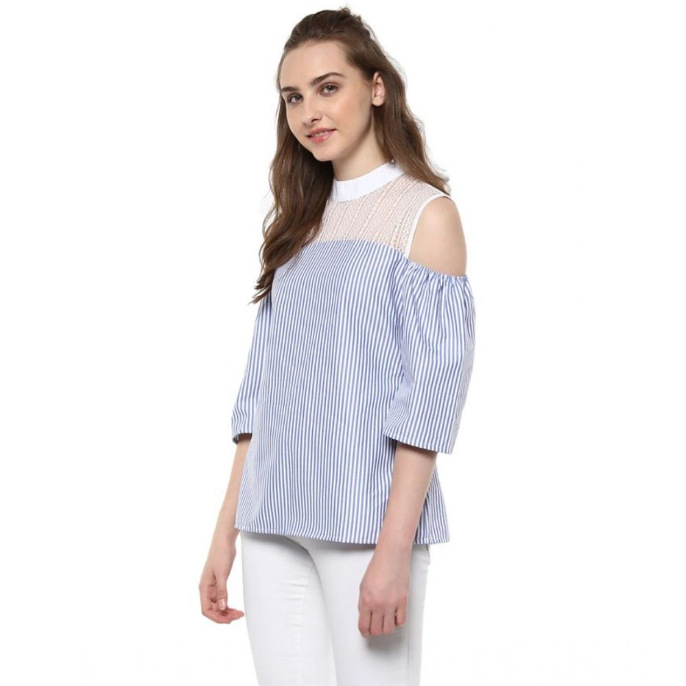 Seduva Women's Cotton Striped Cold Shoulder Top (Blue)