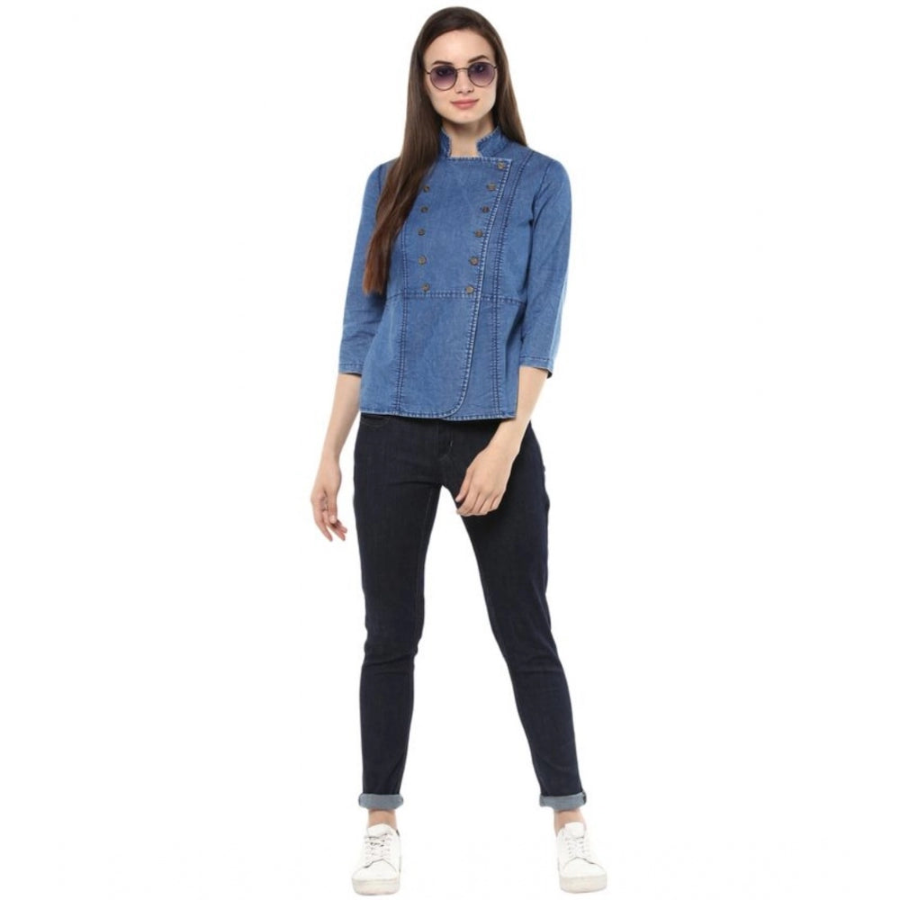 Seduva Women's Denim Solid 3-4th Sleeves Regular Top (Blue)