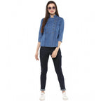Seduva Women's Denim Solid 3-4th Sleeves Regular Top (Blue)