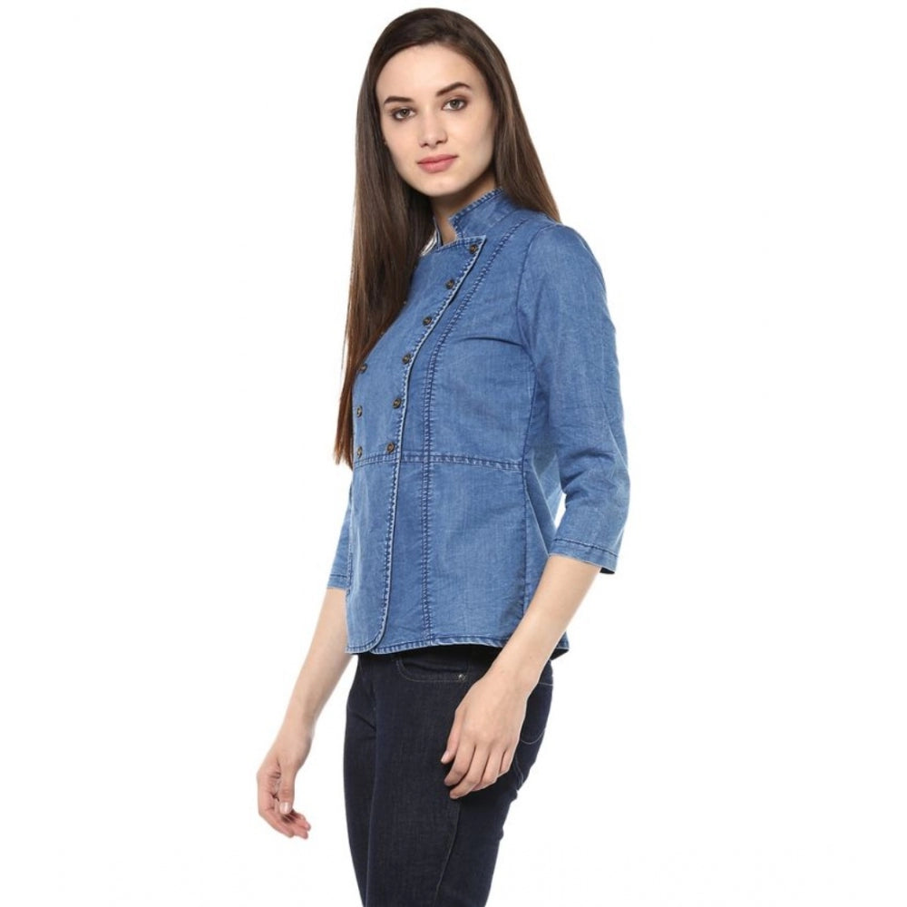 Seduva Women's Denim Solid 3-4th Sleeves Regular Top (Blue)