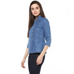 Seduva Women's Denim Solid 3-4th Sleeves Regular Top (Blue)