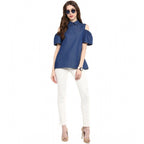 Seduva Women's Denim Solid Cold Shoulder Regular Top (Blue)