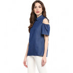 Seduva Women's Denim Solid Cold Shoulder Regular Top (Blue)