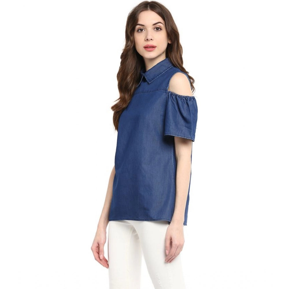 Seduva Women's Denim Solid Cold Shoulder Regular Top (Blue)