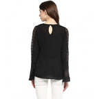 Seduva Women's Polyester Georgette Self Design Bell Sleeve Regular Top (Black)