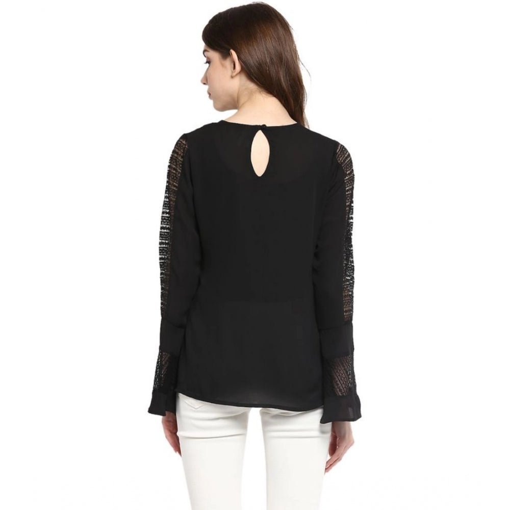 Seduva Women's Polyester Georgette Self Design Bell Sleeve Regular Top (Black)