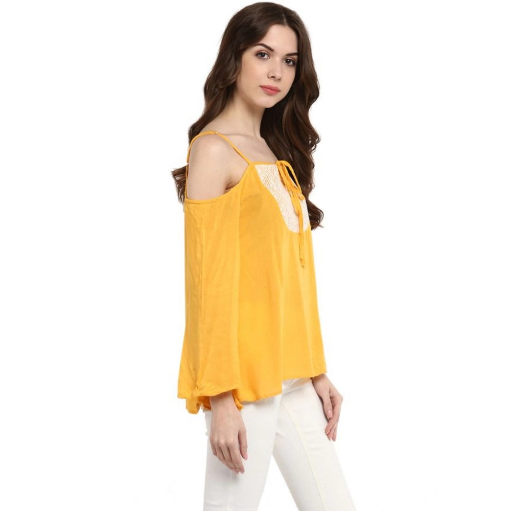 Seduva Women's Rayon Embellished Cold Shoulder Regular Top (Mustard Yellow)