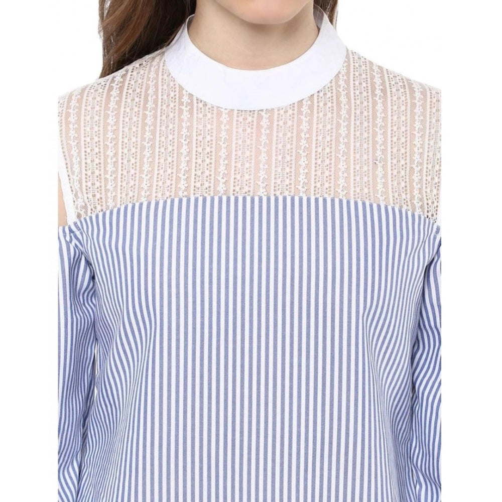 Seduva Women's Cotton Striped Cold Shoulder Top (Blue)