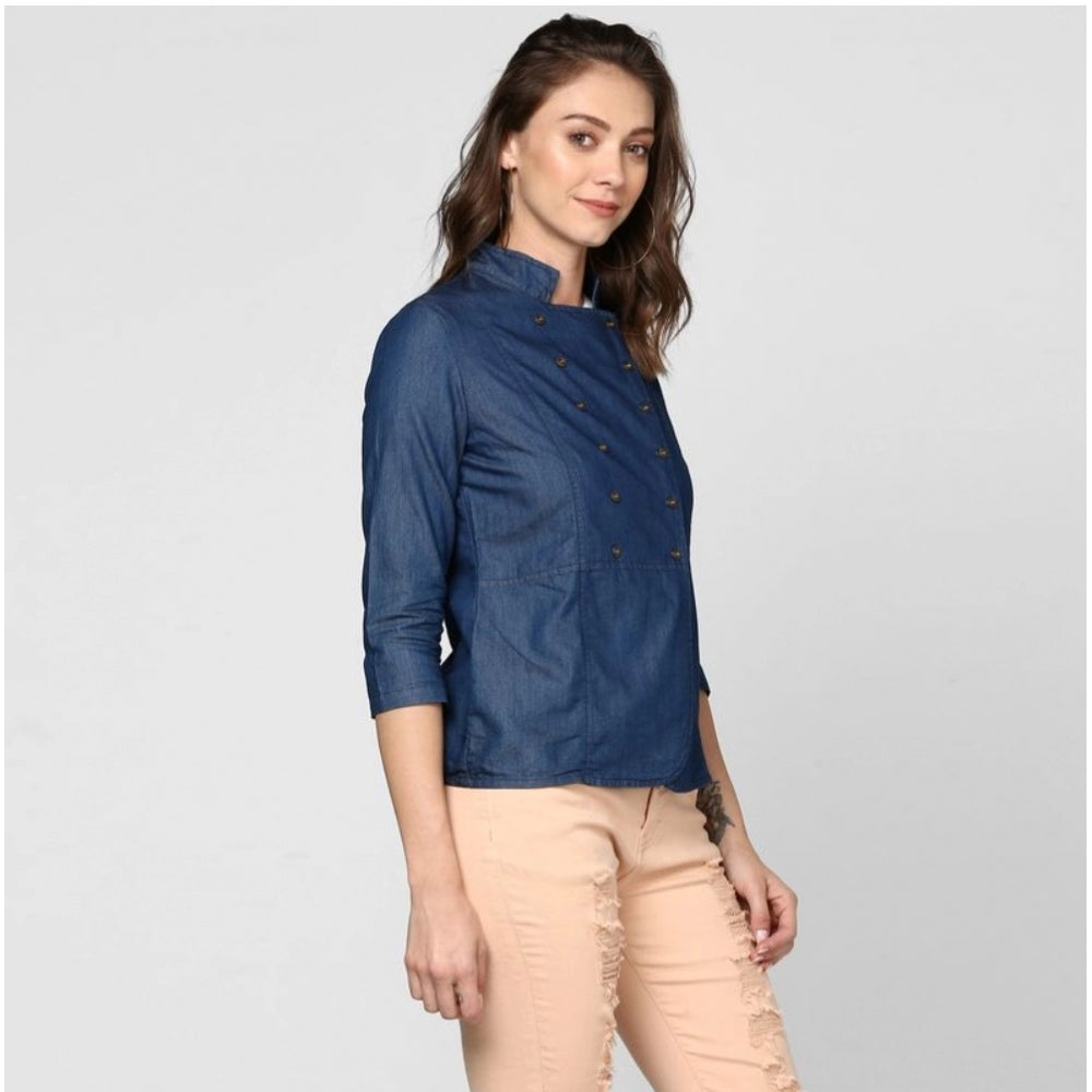 Seduva Women's Denim Solid 3-4th Sleeves Top (Blue)