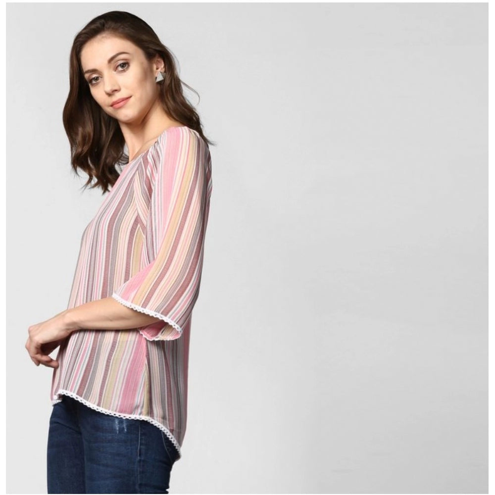 Seduva Women's Polyester Striped 3-4th Sleeves Top (Pink)