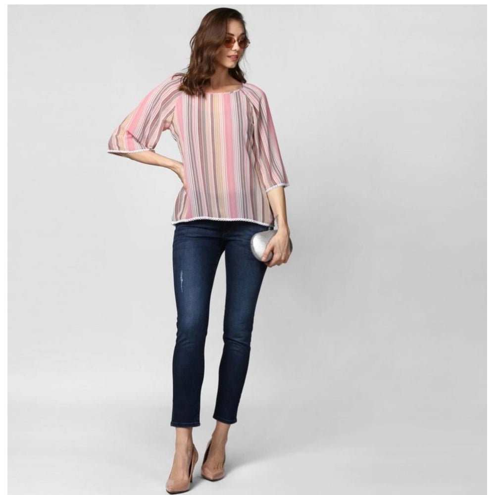 Seduva Women's Polyester Striped 3-4th Sleeves Top (Pink)