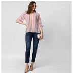 Seduva Women's Polyester Striped 3-4th Sleeves Top (Pink)
