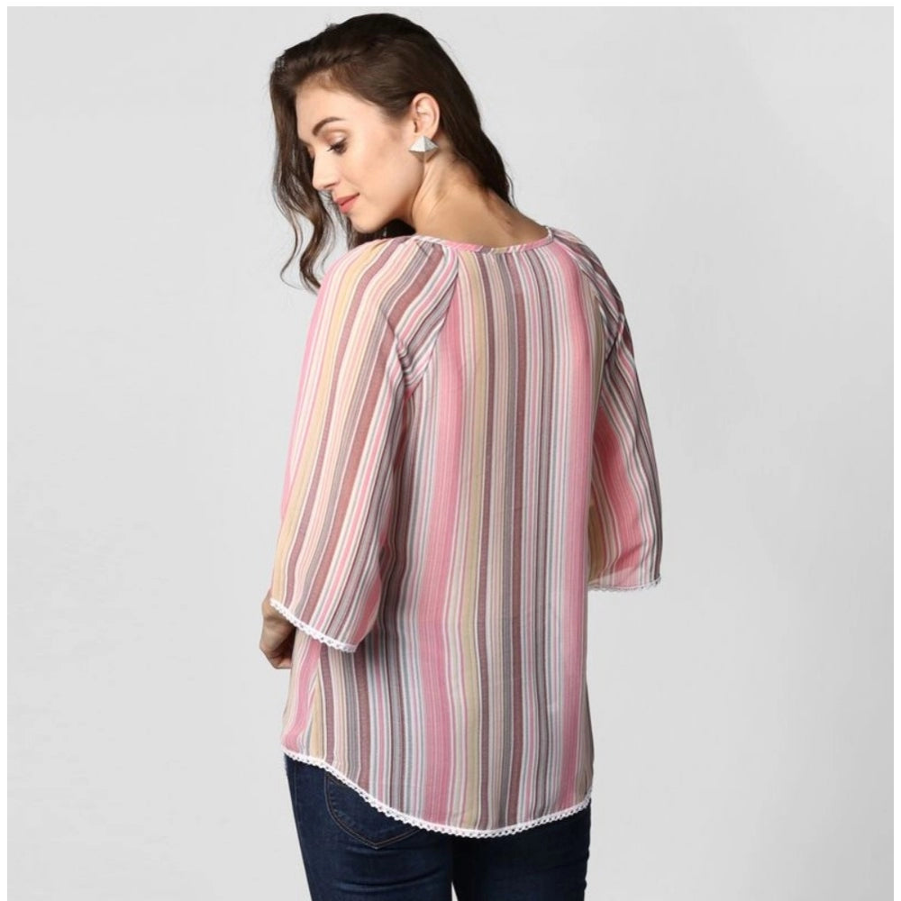 Seduva Women's Polyester Striped 3-4th Sleeves Top (Pink)