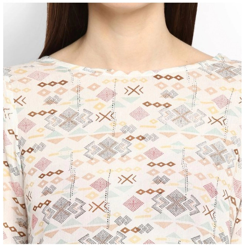 Seduva Women's Rayon Crepe Printed Ruffle Sleeve Top (Off White - Red)