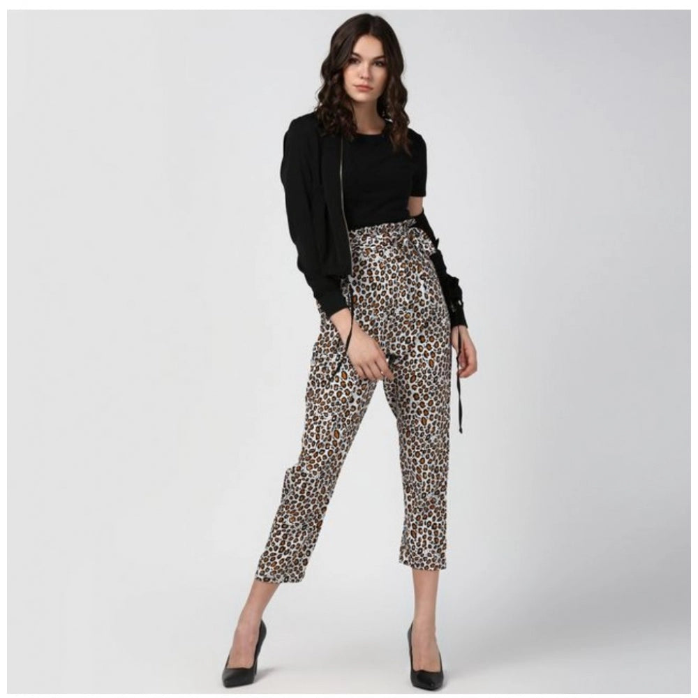 Seduva Women's Polyester Animal Print Elasticated Trousers (White - Yellow)
