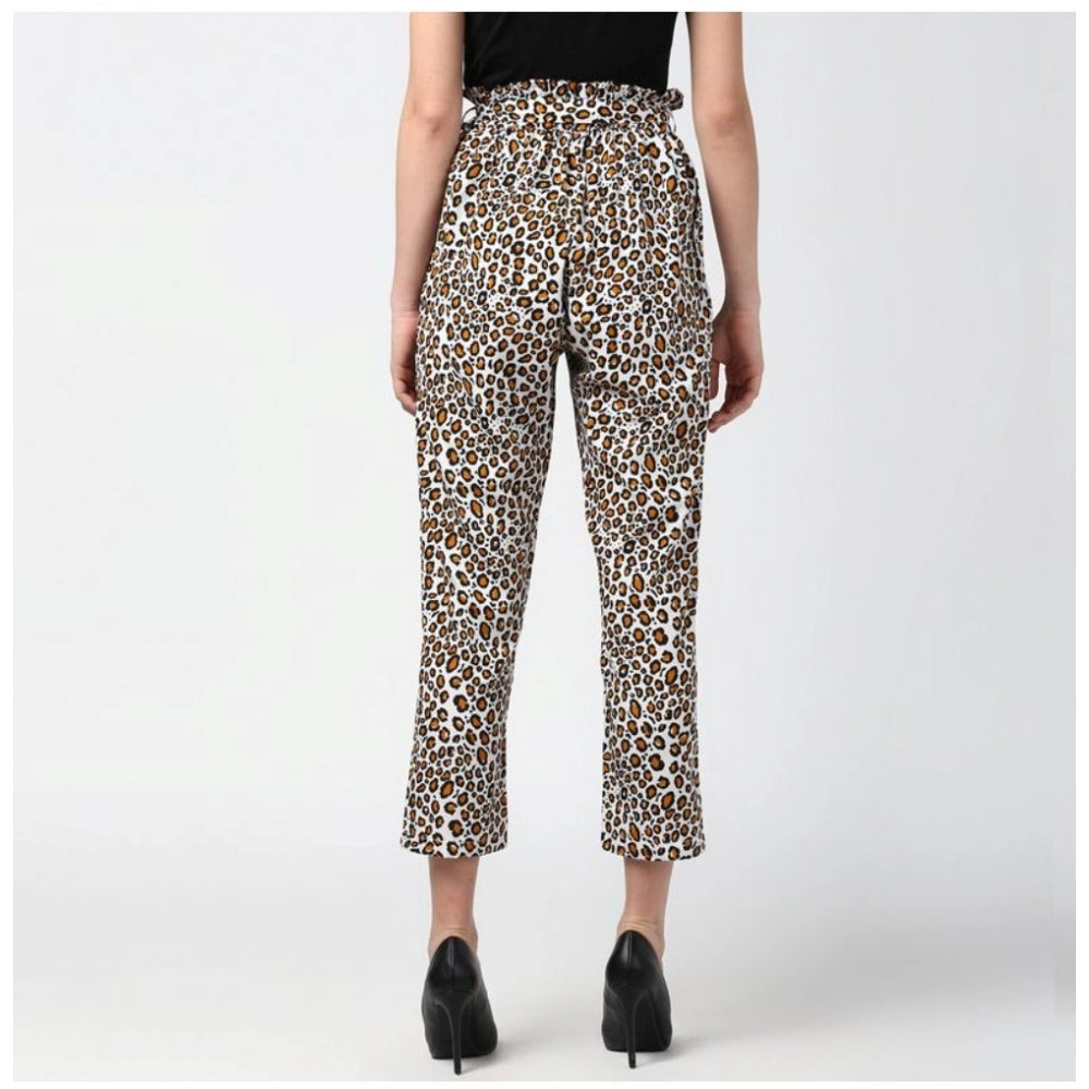 Seduva Women's Polyester Animal Print Elasticated Trousers (White - Yellow)