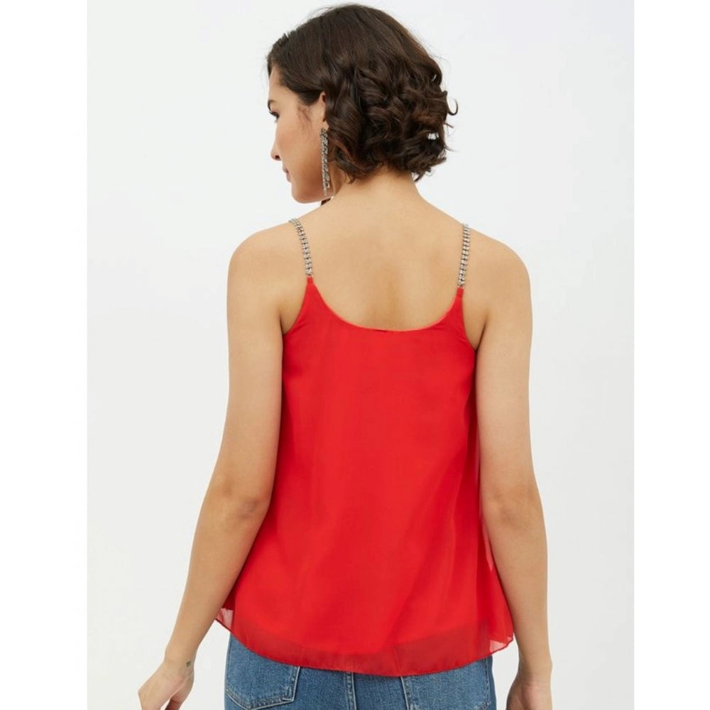 Seduva Women's Polyester Embellished Shoulder Straps Top (Red)