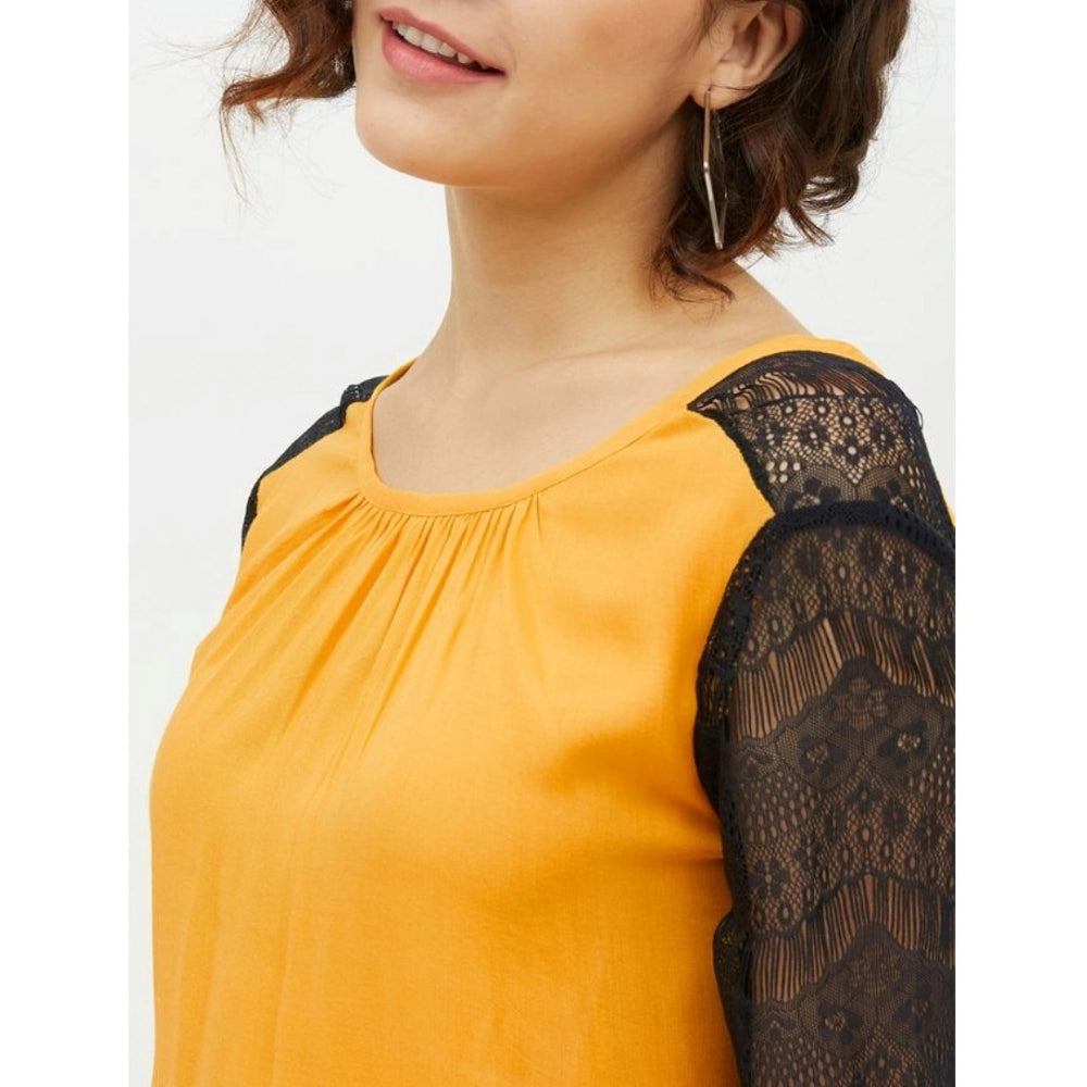 Seduva Women's Rayon Lace Inserts Long Sleeves Top (Yellow)