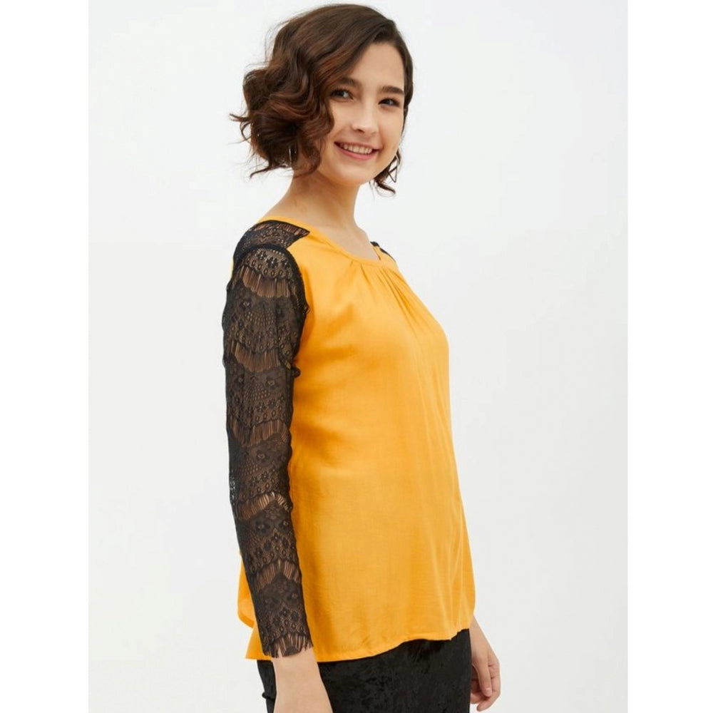 Seduva Women's Rayon Lace Inserts Long Sleeves Top (Yellow)