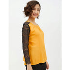 Seduva Women's Rayon Lace Inserts Long Sleeves Top (Yellow)