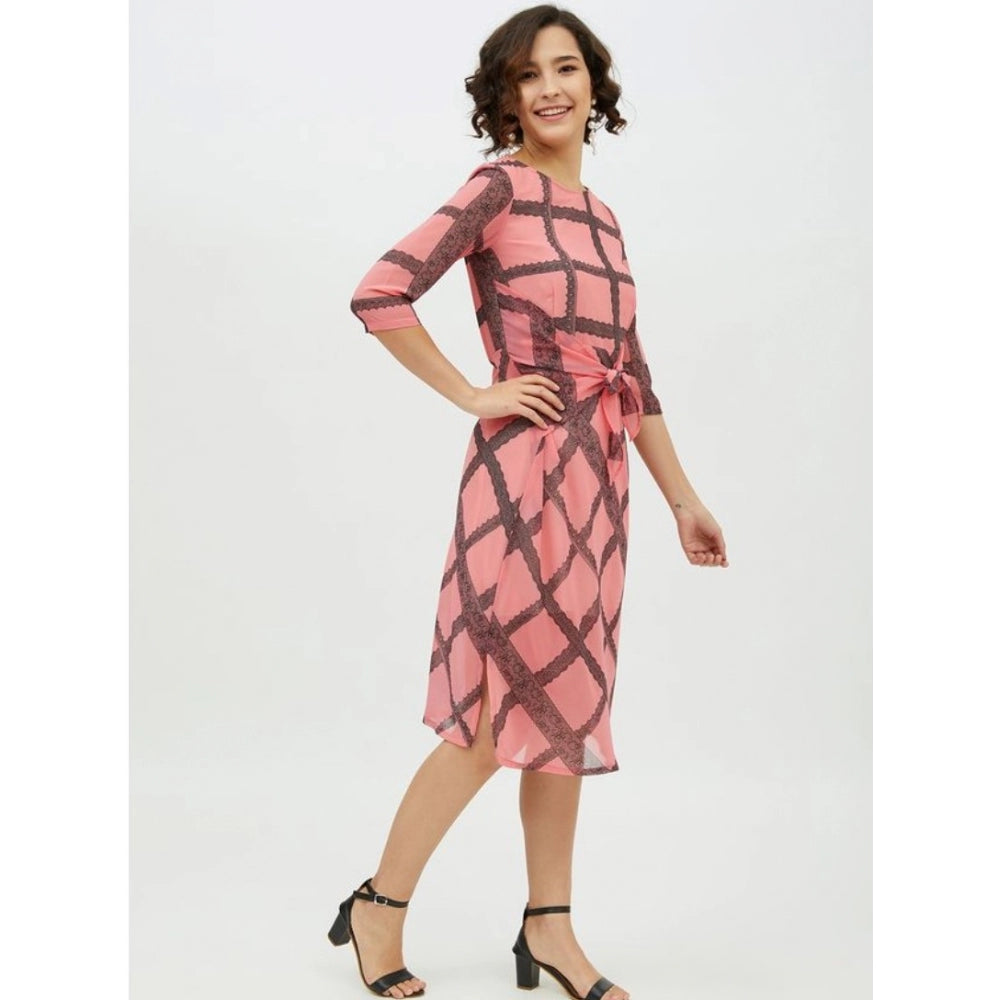 Seduva Women's Polyester Checkered 3-4th Sleeves Below Knee Dress (Pink)