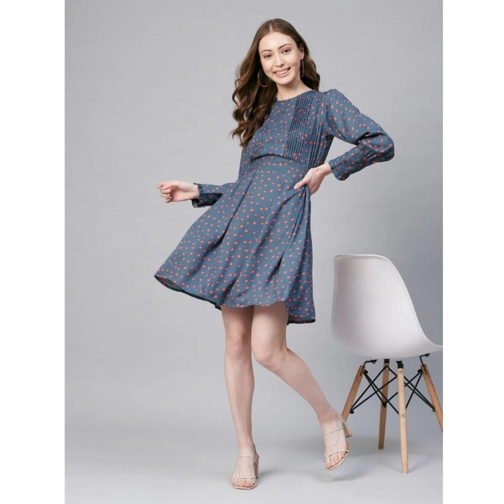 Seduva Women's Polyester Polka Long Sleeves Above Knee Dress (Grey - Coral)