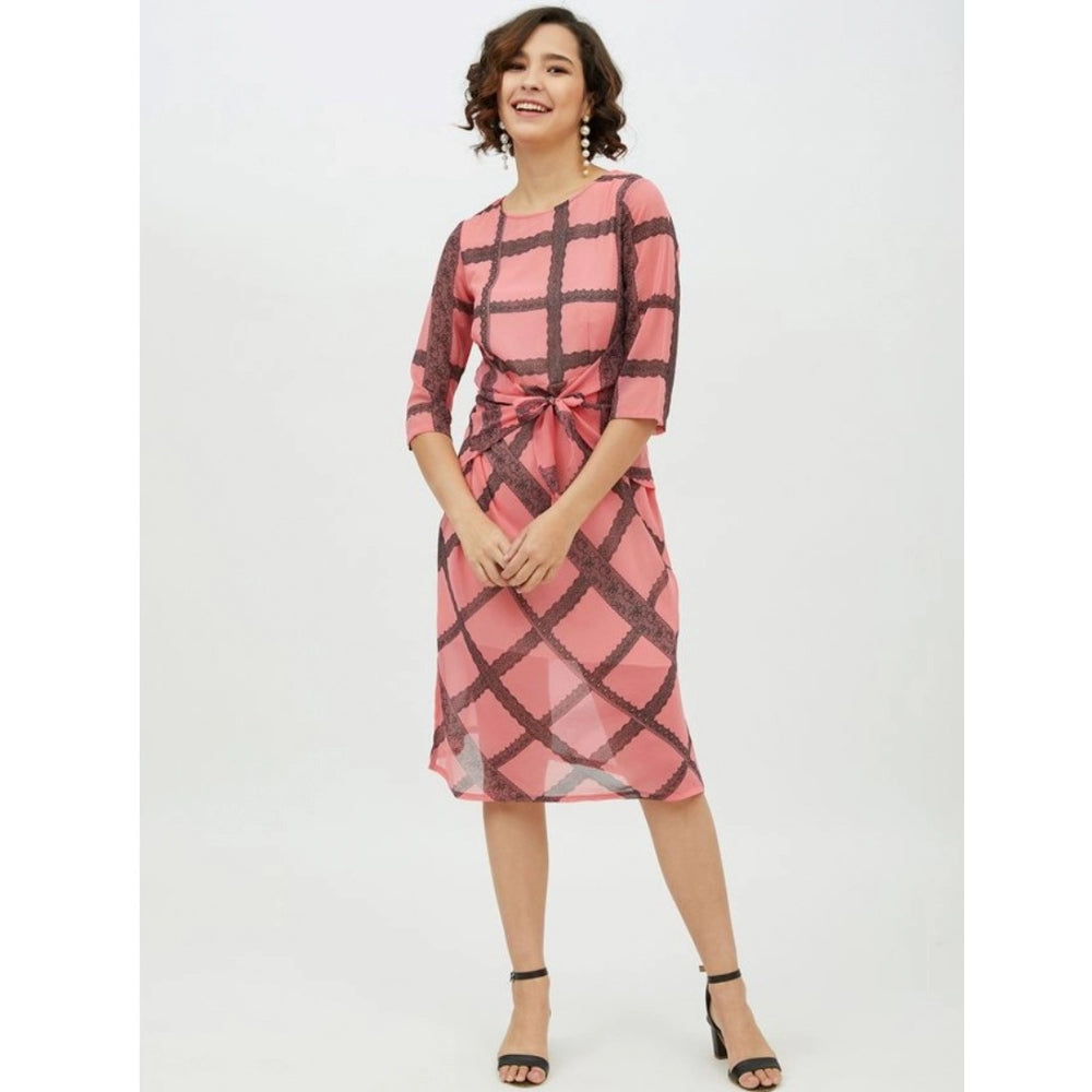 Seduva Women's Polyester Checkered 3-4th Sleeves Below Knee Dress (Pink)