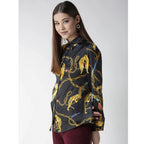 Seduva Women's Satin Printed Long Sleeves Standard Length Shirt (Black - Gold)