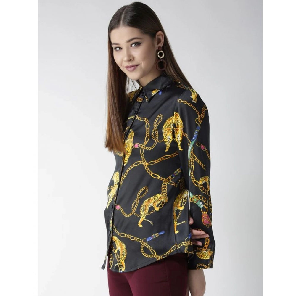 Seduva Women's Satin Printed Long Sleeves Standard Length Shirt (Black - Gold)