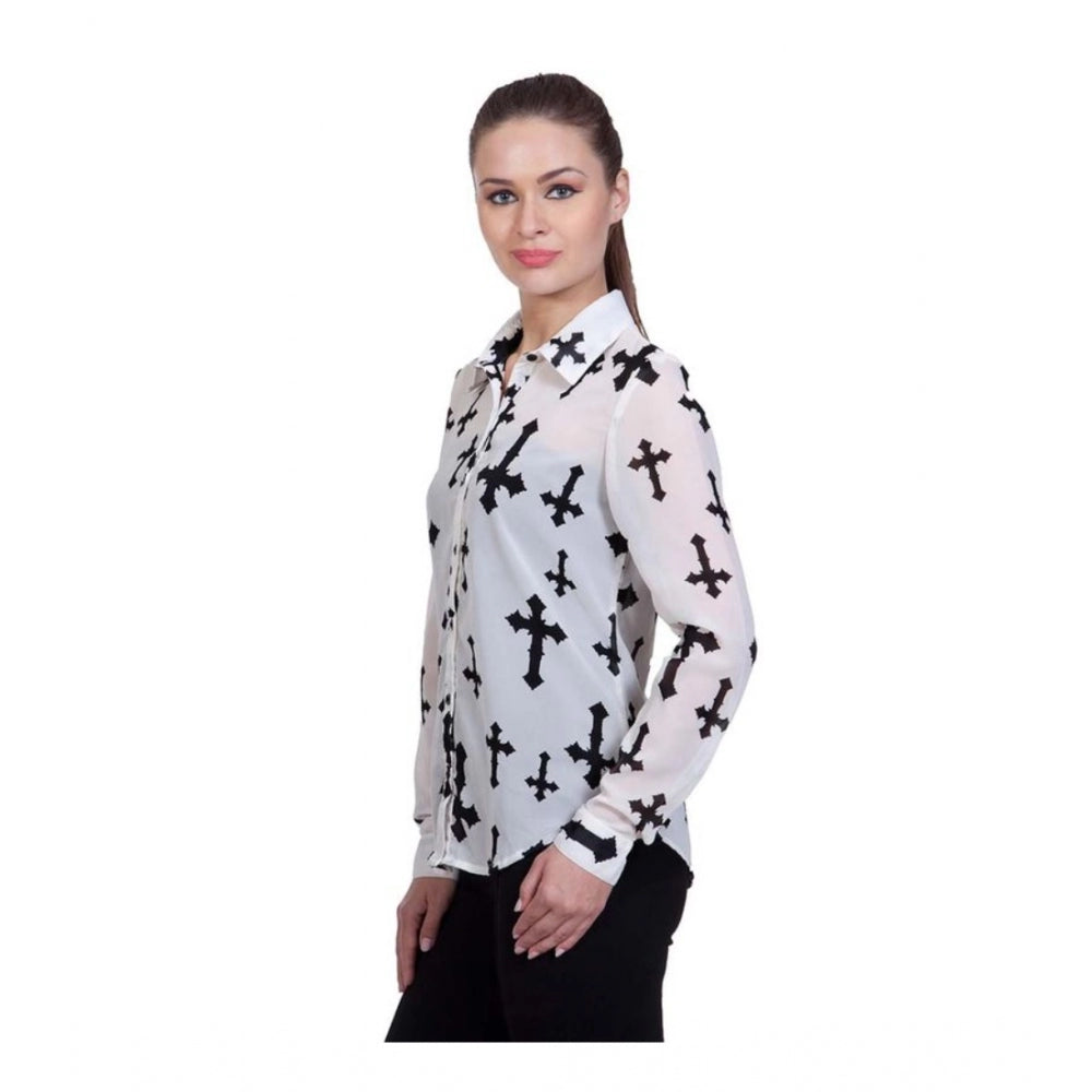 Seduva Women's Polyester Printed Long Sleeves Standard Length Shirt (White)