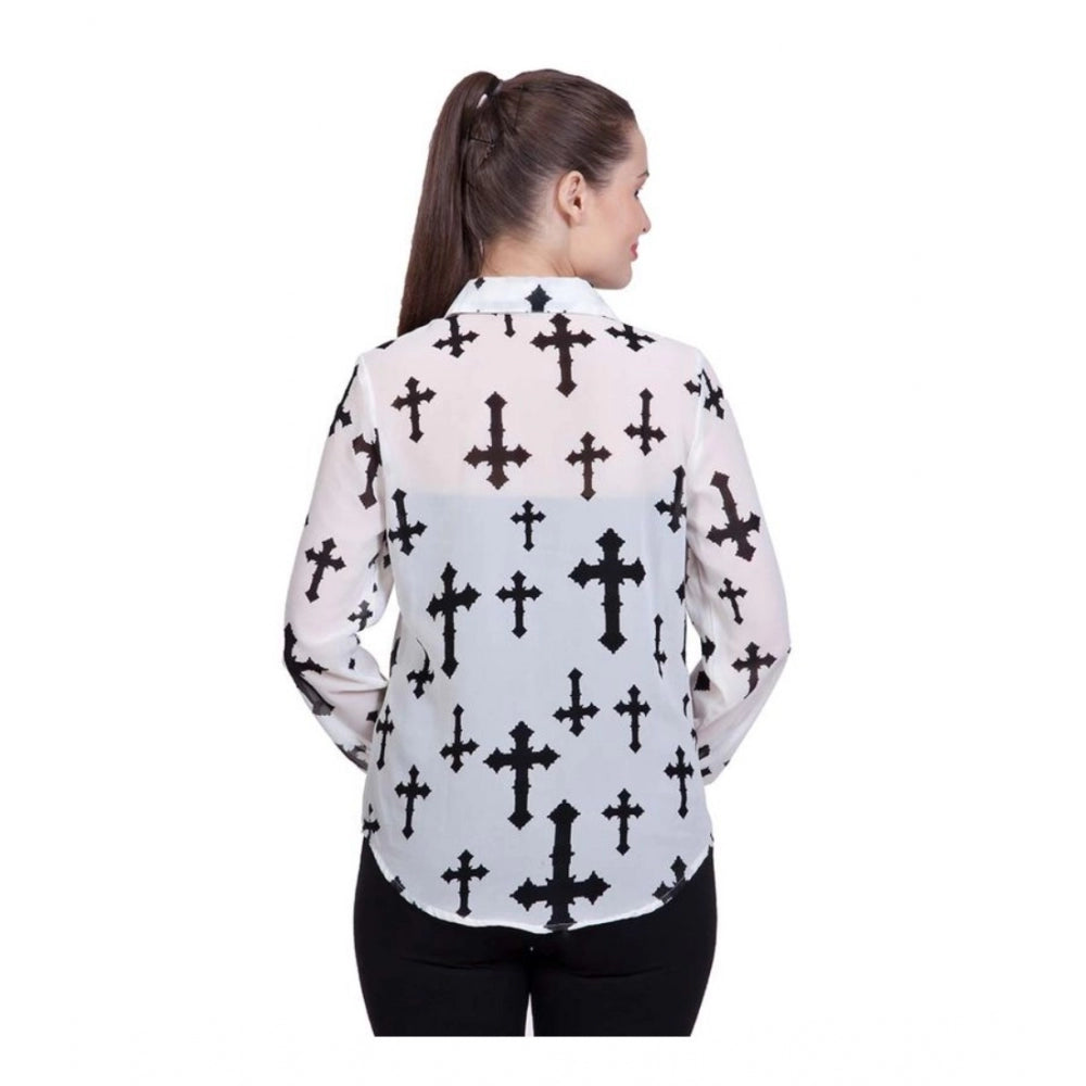 Seduva Women's Polyester Printed Long Sleeves Standard Length Shirt (White)