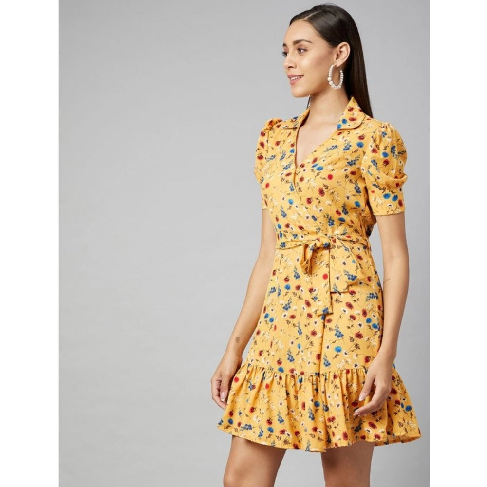 Seduva Women's Polyester Floral Short Sleeve Above Knee Dress (Yellow)