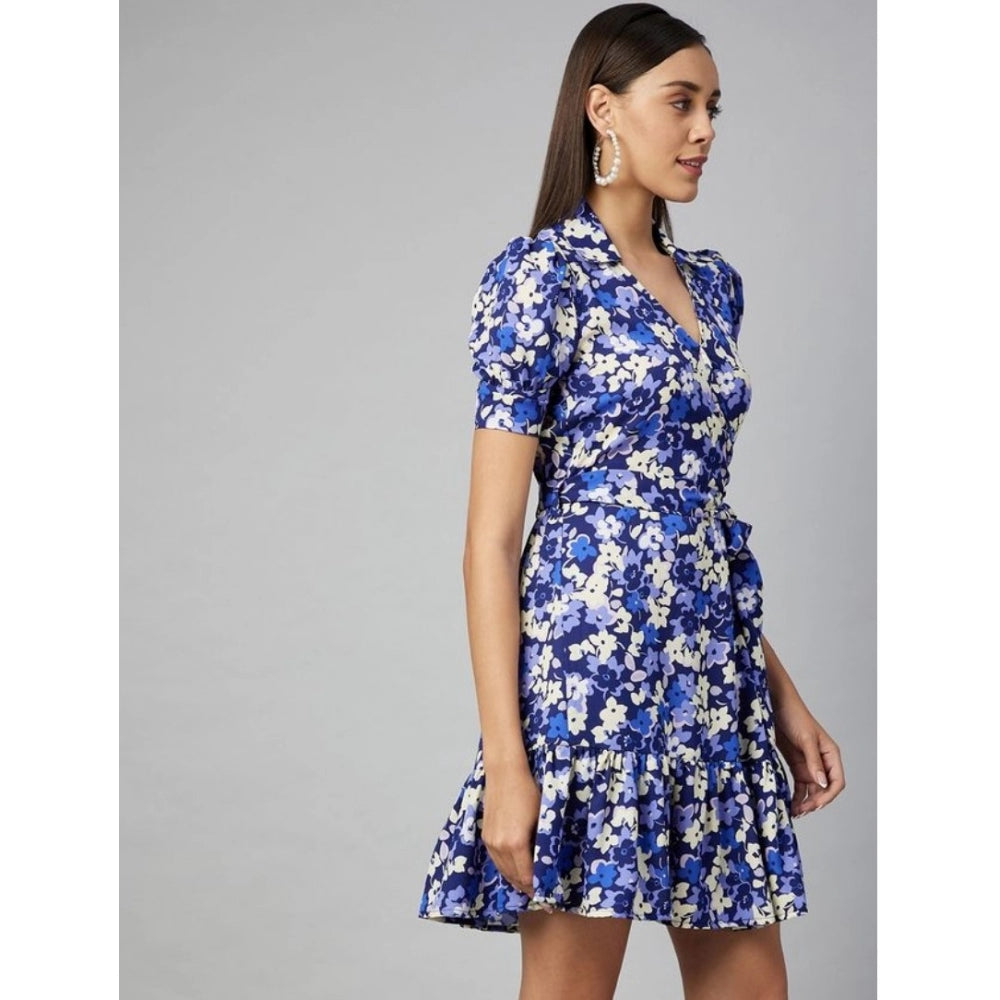 Seduva Women's Polyester Floral Short Sleeve Above Knee Dress (Blue - Purple)