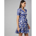 Seduva Women's Polyester Floral Short Sleeve Above Knee Dress (Blue - Purple)