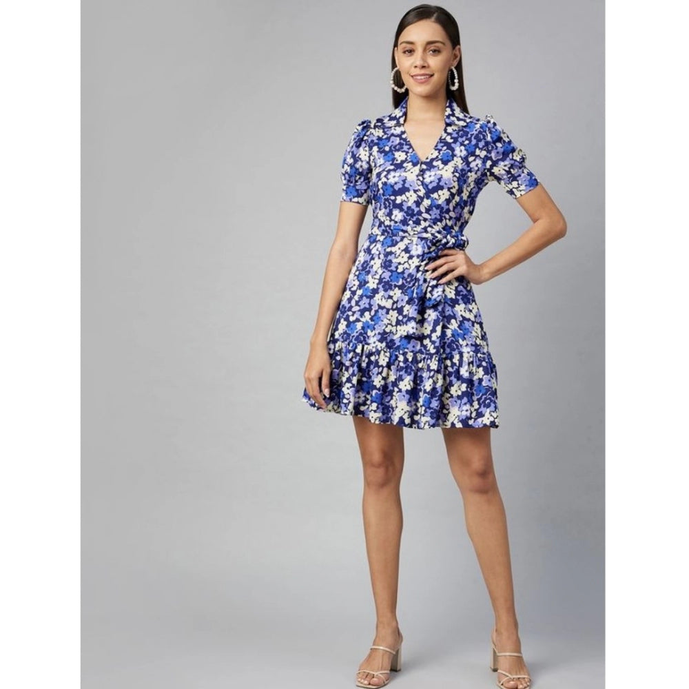 Seduva Women's Polyester Floral Short Sleeve Above Knee Dress (Blue - Purple)