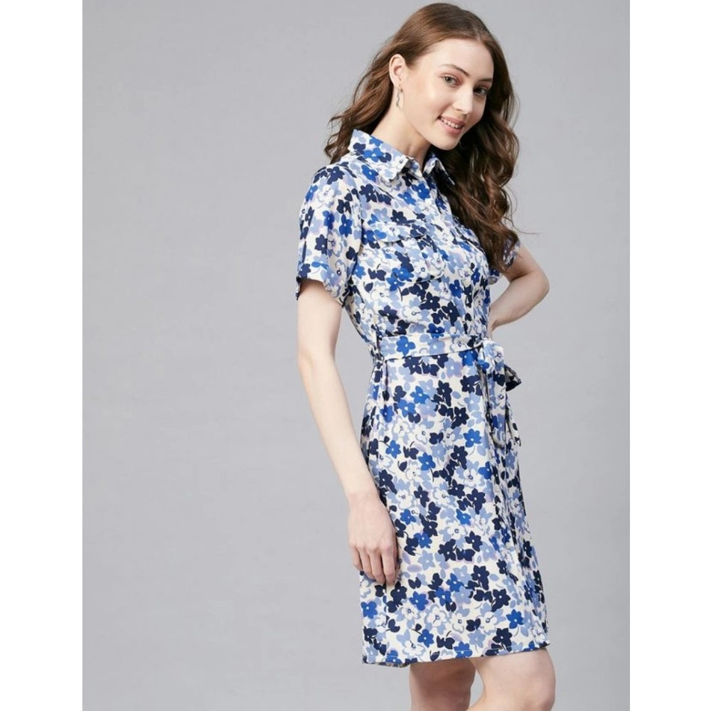 Seduva Women's Polyester Floral Short Sleeve Above Knee Dress (Blue - White)