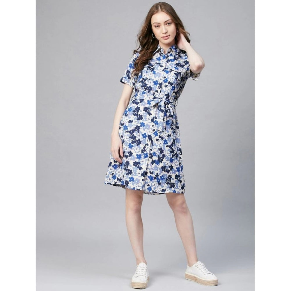 Seduva Women's Polyester Floral Short Sleeve Above Knee Dress (Blue - White)