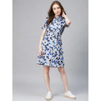Seduva Women's Polyester Floral Short Sleeve Above Knee Dress (Blue - White)