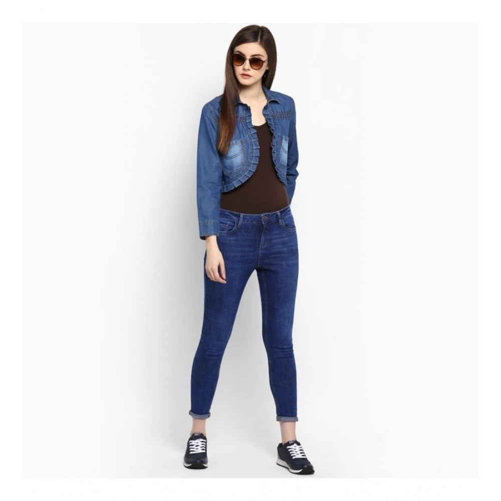 Seduva Women's Denim Pleated 3-4th Sleeves Shrug (Blue)