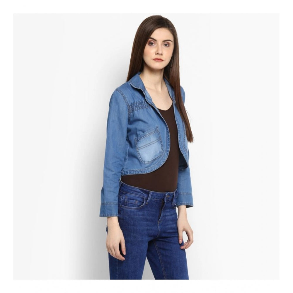 Seduva Women's Denim Smocking 3-4th Sleeves Shrug (Blue)