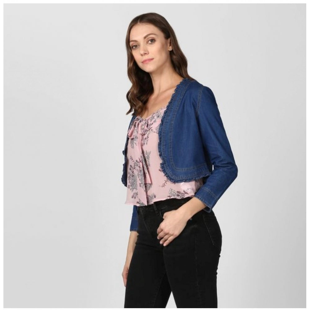 Seduva Women's Denim Ruffled Long Sleeves Shrug (Navy Blue)